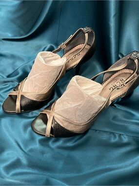 BCBG Metallic Gold and Black Slingback Peep-Toe Heels